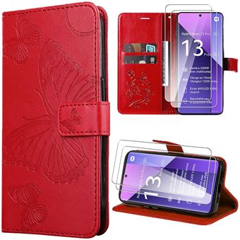 Coque pour Xiaomi Redmi Note 13 Pro+ 5G / Note 13 Pro Plus 5G + 2 Verres Trempés, Rouge, Effet Cuir avec Support, Motif Papillon - BOOLING - 1