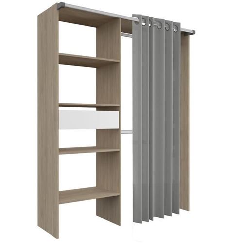 Amenagement de placard avec rideau - Decor Chene - 1 tiroir - L 143,5 X P 48 X H 181,9 cm - BARI