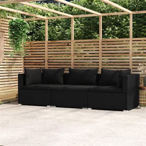 Vidaxl - Canap&eacute; 3 places avec coussins Noir R&eacute;sine tress&eacute;e Black