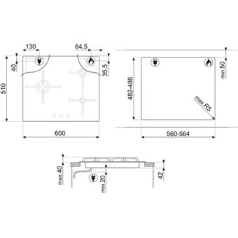 SMEG Plaque gaz PV163B3, Linéa, 3 foyers, Verre, Thermocouples