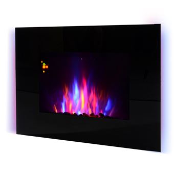 Cheminée électrique murale LED 7 effets flammes + 7 couleurs ambiance + galets télécommande thermostat 1000-2000 W minuterie noir - 1