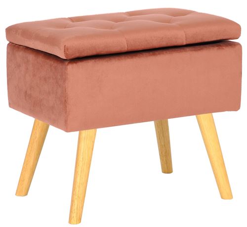 Tabouret bas Chloé avec pieds en bois et espace de rangement , Rose/Velours