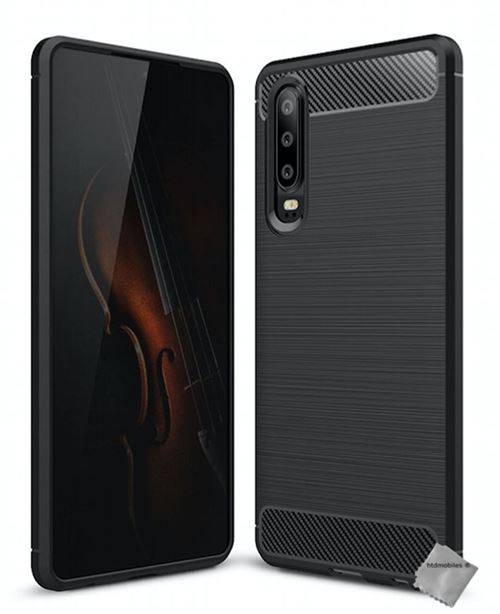 Housse etui coque silicone gel carbone pour Huawei P30 + verre trempe - NOIR - htdmobiles