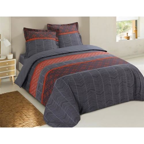 Vision Parure De Couette Rodrigo 100% Coton - 200 X 200 Cm - Gris Et Rouge Brique