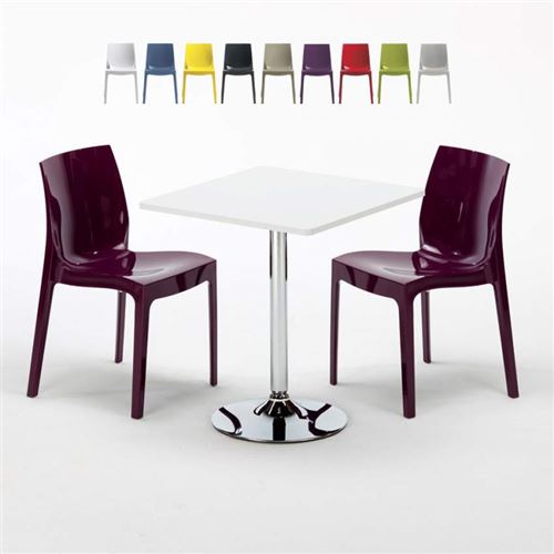 Table Carrée Blanche 70x70cm Avec 2 Chaises Colorées Grand Soleil Set Intérieur Bar Café Ice COCKTAIL, Couleur: Pourpre