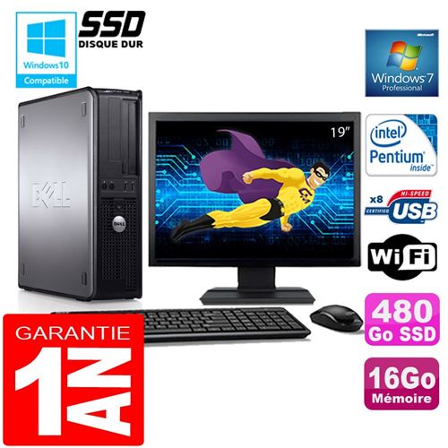 PC Dell 780 Dt Intel E5300 Ram 16Go Disque 480 Go SSD WiFi W7 Ecran 19'