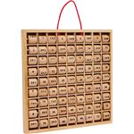 Apprendre les tables de multiplications avec la table de multiplication perforée Montessori., Un tableau en bois 30 x 30 cm avec 100 emplacements pour des perles, une petite boite en bois contenant