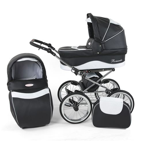Poussette / Landau combiné 2en1 multifonctions avec équipement bébé enfant 0-36m Cuir ECO Cadre chromé Romantic Classic