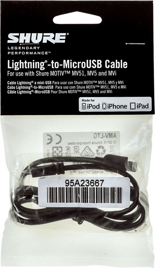 Câbles Microphones SHURE - AMV-LTG15 - Câble micro USB Lightning 38cm