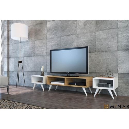 Meuble TV rétro Vinca - 160 x 37 cm - Blanc et marron