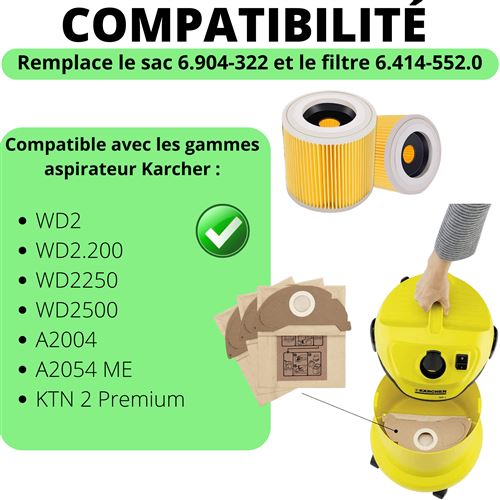 15 Sacs pour Aspirateur Karcher WD2 MV2 6.904-322.0 WD 2.200