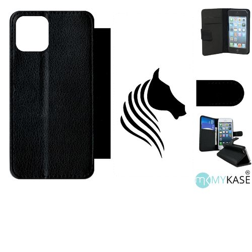 Etui My-Kase pour iPhone 11 Pro - cheval fond blanc - Simili-cuir Noir