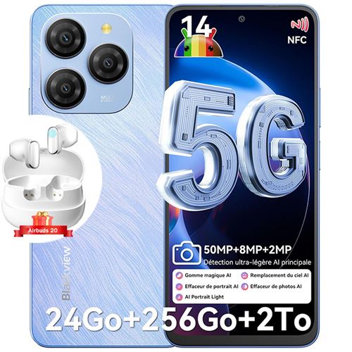 Blackview Shark 9 Smartphone 5G Téléphone Portable Android 6.67 24Go+256Go 5000mAh 50MP NFC Bleu avec Blackview Airbuds 20