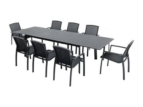 Salle à manger de jardin en aluminium et textilène : une table extensible L.200 / 300 cm et 8 fauteuils empilables - Anthracite - MILLAU de MYLIA