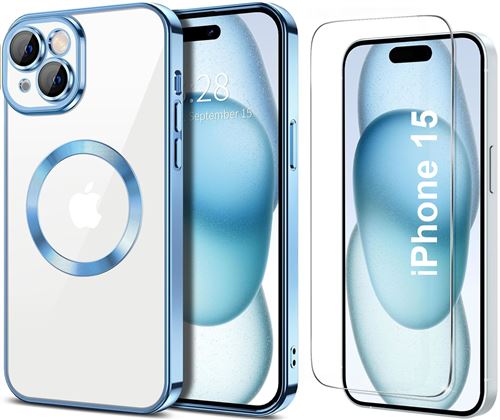 Coque Silicone Pour iPhone 15 Couleur Bleu Compatible Magsafe + Verre Trempe Protection Ecran Little Boutik®