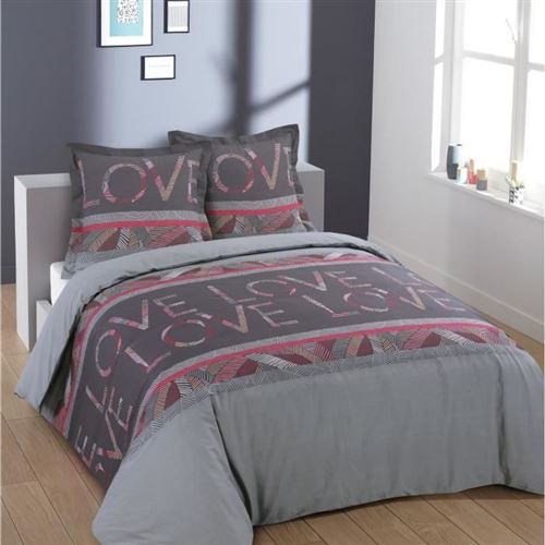 VISION Parure de couette LoveLove - 100% coton - Housse 200x200 cm + 2 taies 65x65 cm