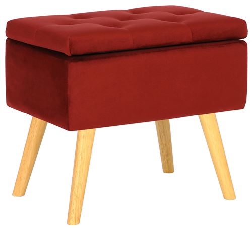 Tabouret bas Chloé avec pieds en bois et espace de rangement , Rouge/Velours