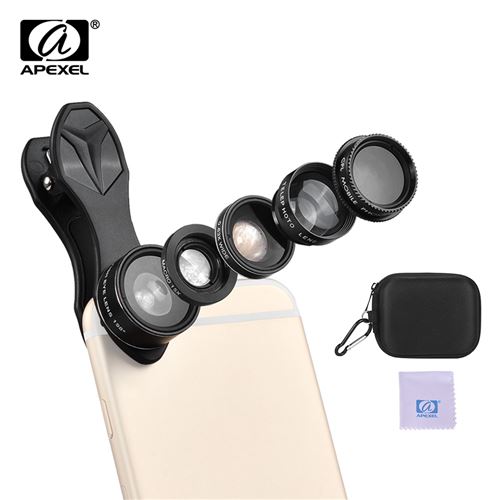 APEXEL APL-DG5H Kit de lentilles pour téléphone portable 198 ° objectif Fisheye 0.63X Grand Angle 15X Objectif Macro 2X