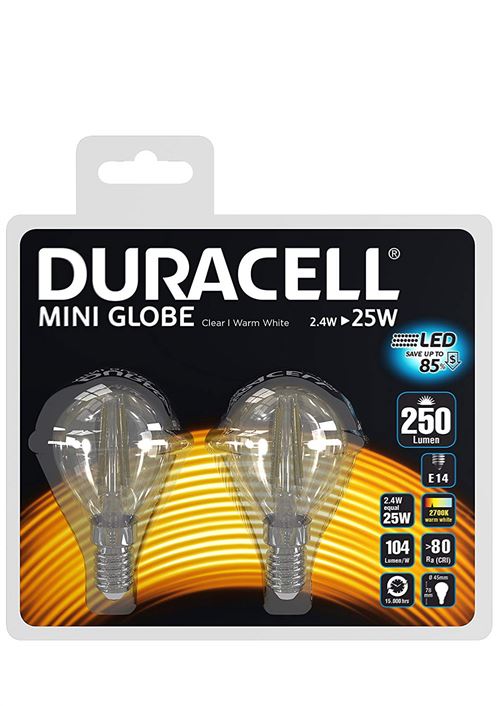 Pack 2 ampoules Duracell LED E14 25W Mini Globe filament
