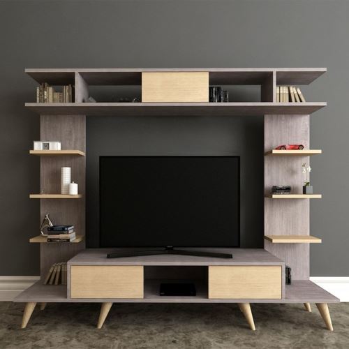 HOMEMANIA Meuble TV Pan Moderne - avec Portes, Étagères - pour Salon - Chêne, Gris en Bois, 180 x 35 x 135 cm