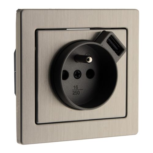 Prise 2 P+T Inox bross&eacute; avec chargeur USB 2,4A - Art'Flat