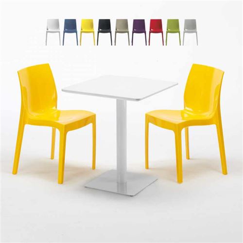 Table carrée 60x60 blanche avec 2 chaises colorées Ice Lemon, Couleur: Jaune