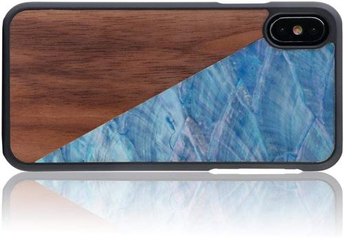 WOLA Coque pour iPhone X/XS en Bois Aqua Housse véritable Bois Naturel et Nacre, Case Noyer_Bleu