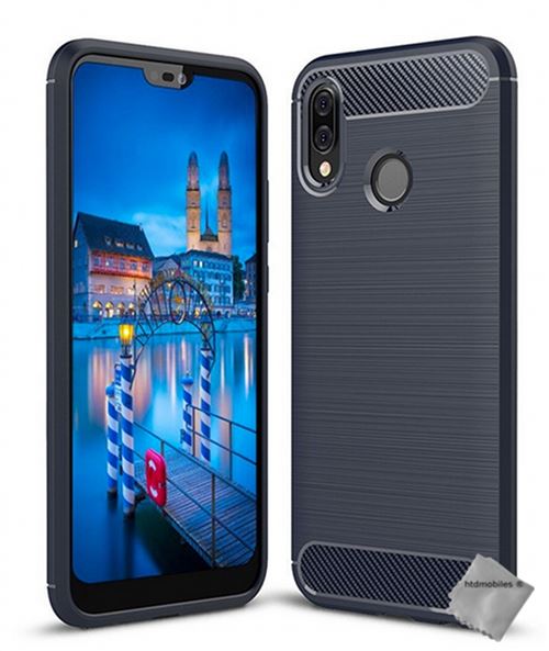 Housse etui coque silicone gel carbone pour huawei p20 lite + verre trempe - bleu fonce