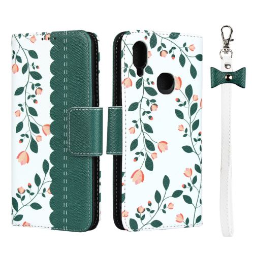 Etui en PU motif de fleurs avec lanière vert pour votre Samsung Galaxy A10s