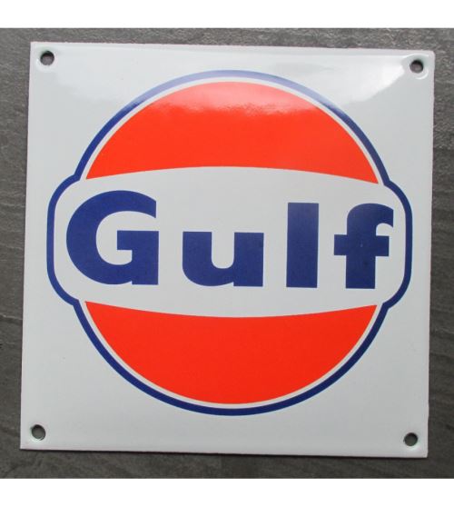 mini plaque emaillée gulf carré blanche orange 12cm tole email garage essence huile