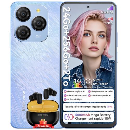 Blackview Shark 9 Smartphone 5G Téléphone Portable Android 6.67 24Go+256Go 5000mAh 50MP NFC Bleu avec Blackview Airbuds 30