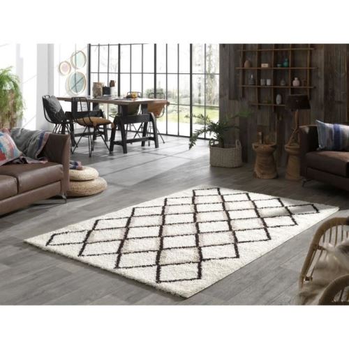 SUZAN Tapis de salon Shaggy - Style berbere - 150 x 220 cm - Creme et gris - Motif géométrique