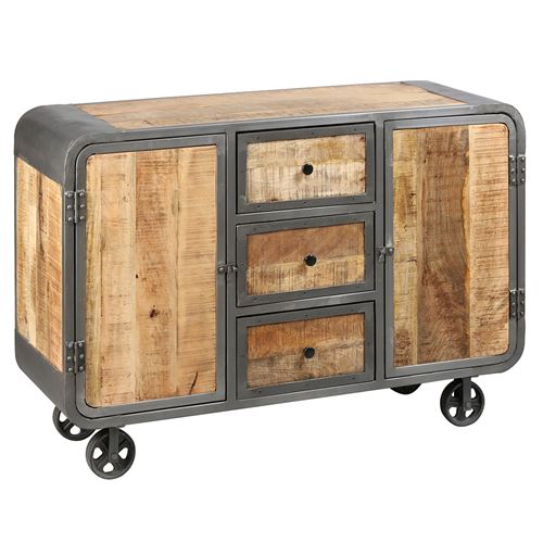 Edwin - Buffet 2 Portes 3 Tiroirs Acier et Bois Massif