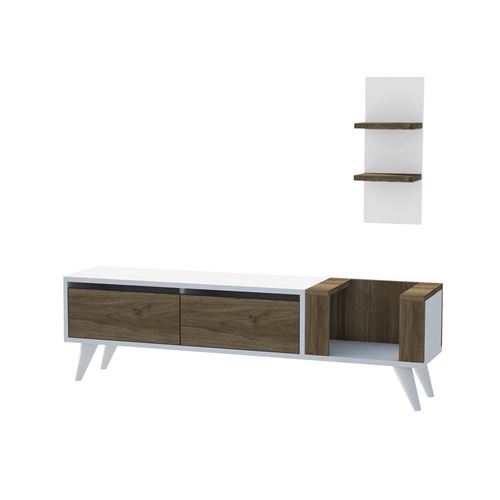 Meuble TV avec étagère Pers - 130 x 38 cm - Blanc et noix