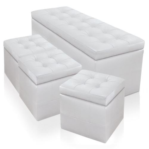 Paris Prix - Banquette Coffre & 3 Poufs henriette 120cm Blanc