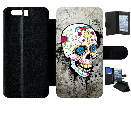 Etui À Rabat Huawei P10 Skull Fleur Bleu Fond Gris