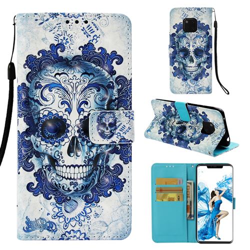 Etui en PU impression de motifs crâne bleu et fleurs pour votre Huawei Mate 20 Pro