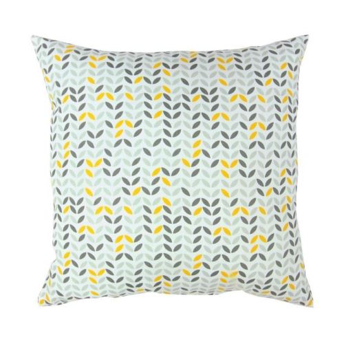 Coussin déco 100% coton imprimé MISTIGRI - 60x60 cm - Gris, jaune et blanc