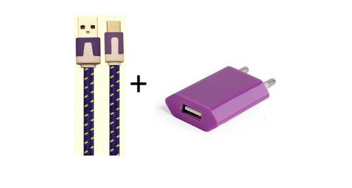 Pack Chargeur pour HTC U Play Smartphone Type C (Cable Noodle 1m Chargeur + Prise Secteur USB) Murale Android (VIOLET)
