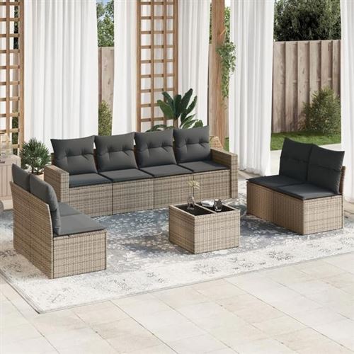 vidaXL Salon de jardin 9 pcs avec coussins gris résine tressée