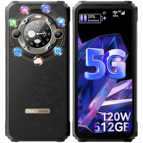 Blackview BL9000 Téléphone Portable Incassable Débloque 5G 24Go+512Go 6.78+écran secondaire 1.32 50MP Android 13 NFC - Noir