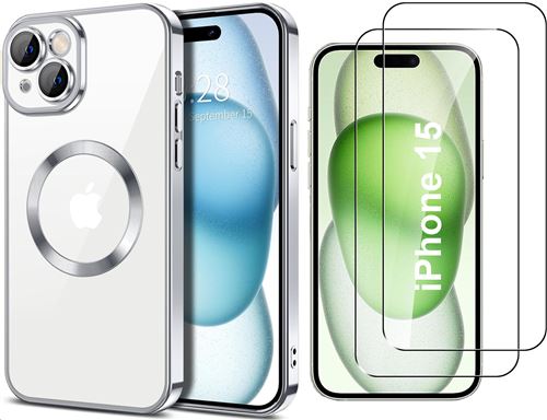 Coque Silicone Pour iPhone 15 Couleur Argent Compatible Magsafe + 2 Verres Trempe Protection Ecran Little Boutik®