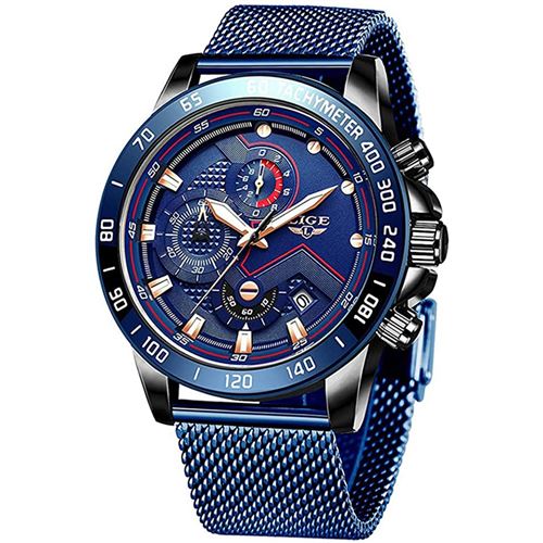 LIGE LG9929G-FD-UK Montre homme étanche analogique coloris bleu nuit - Chronomètre - Date - Bracelet Acier inoxydable