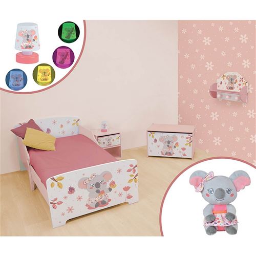 Chambre complète Koala 6 en 1 avec lit + coffre à jouets + Table de chevet + veilleuse + porte-manteaux + peluche Koala
