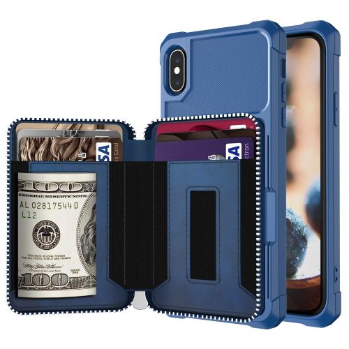 Etui en PU + TPU fermeture éclair bleu pour votre Apple iPhone X/XS 5.8 pouces