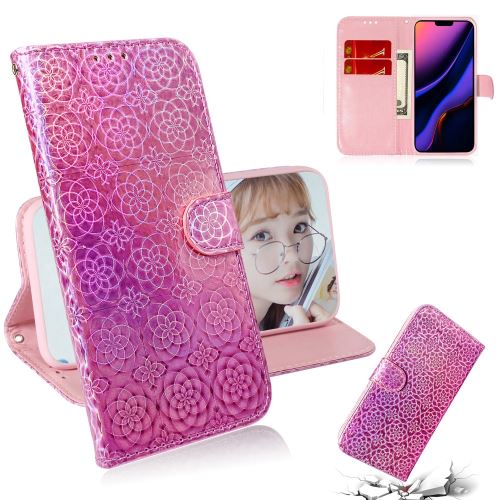 Etui en PU motif de fleurs avec support et cordon rose pour votre Apple iPhone XR (2019) 6.1 pouces