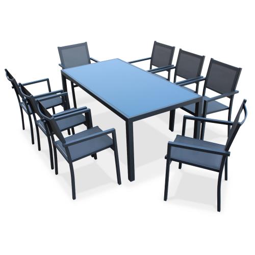 Salon de jardin en aluminium et textilène - Capua 180cm - Anthracite gris - 8 places - 1 grande table rectangulaire 8 fauteuils empilables