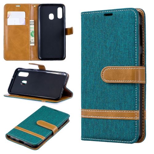 Etui en PU tissu jeans de couleur assortie vert pour votre Samsung Galaxy A40