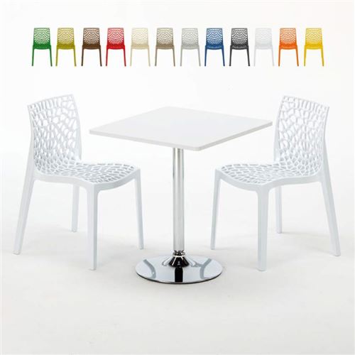 Table Carrée Blanche 70x70cm Avec 2 Chaises Colorées Grand Soleil Set Intérieur Bar Café Gruvyer Cocktail, Couleur: Blanc