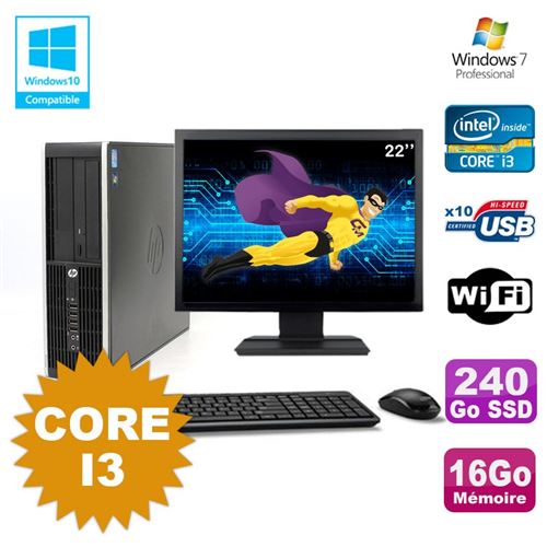 Pc hp compaq 6200 pro sff core i3 3.1ghz 16go 240go ssd dvd wifi w7 ecran 22